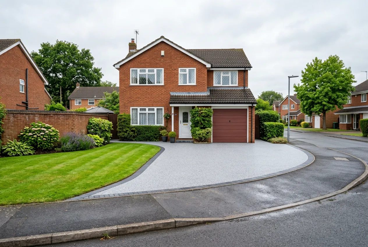 1980s detached brick house on a modern Northampton estate with a new silver-grey resin driveway
