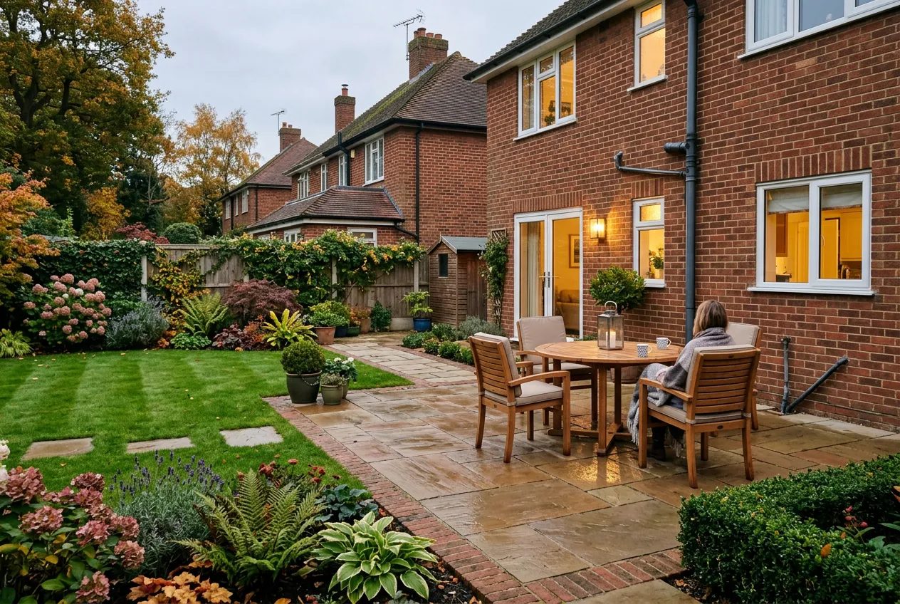Warm Indian sandstone patio with wooden furniture in a planted Northampton garden